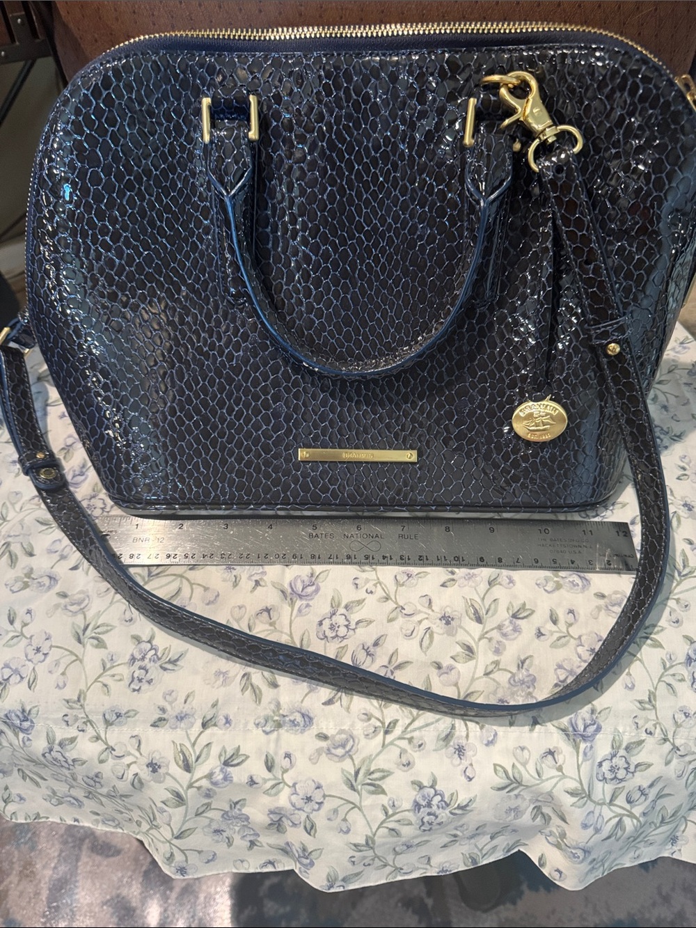 Brahmin Navy Snake-Embossed Satchel with Gold Hardware